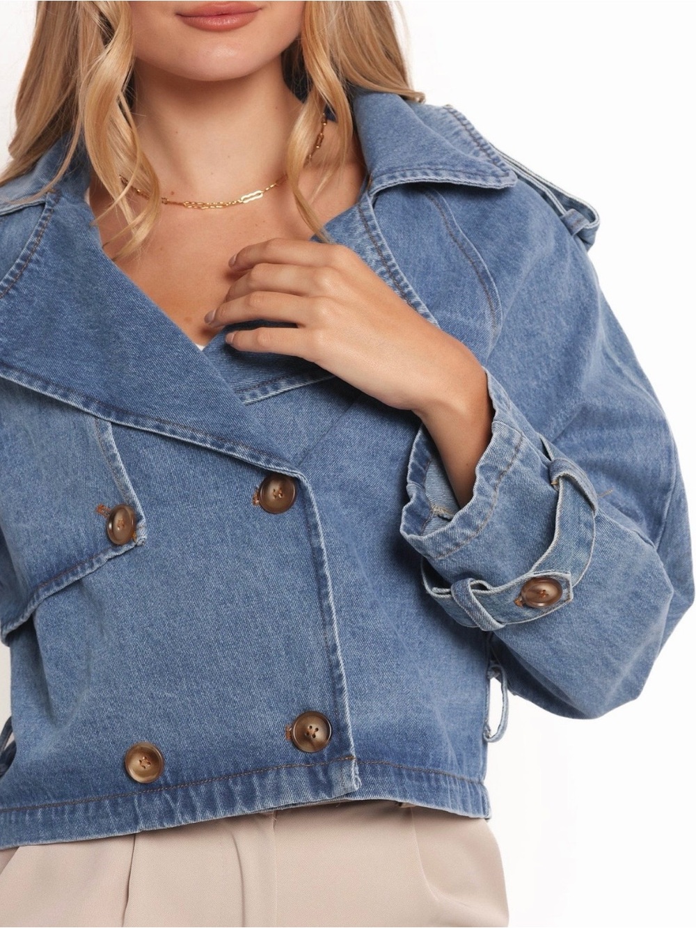 Denim Cropped Trench Coat Jacket NWOT